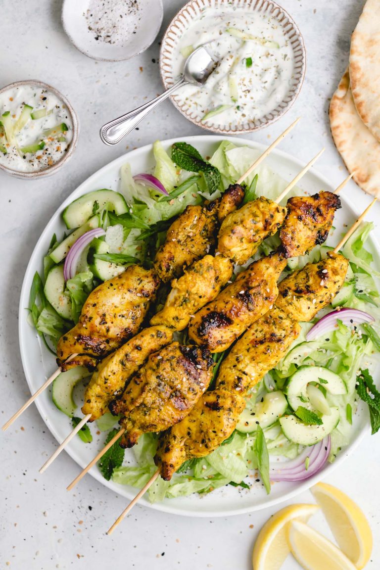 Grilled Chicken Skewers with Indian Marinade and Cucumber Raita