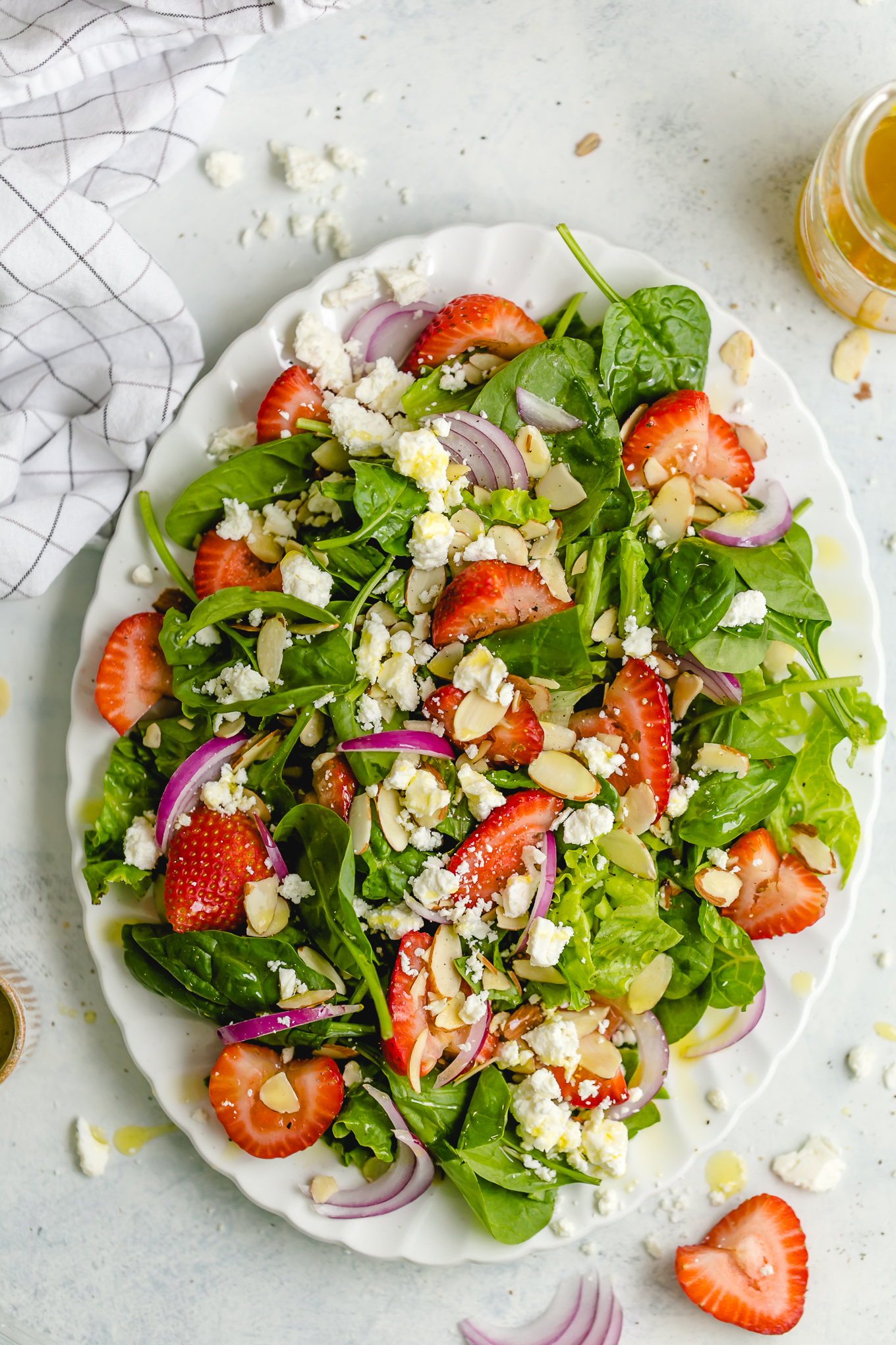 top down shot of strawberry and spinach salad